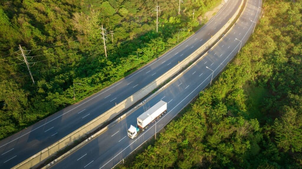 Container,Truck,With,Cargo,Trailer,Drives,On,High,Way,The